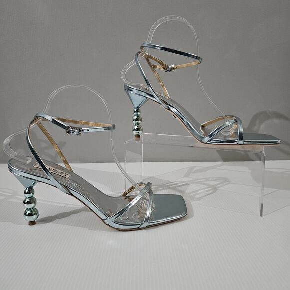 Badgley Mischka Callie Sandal Womens 10 Metallic Mint Leather Beaded Pearl Heel - Picture 4 of 15